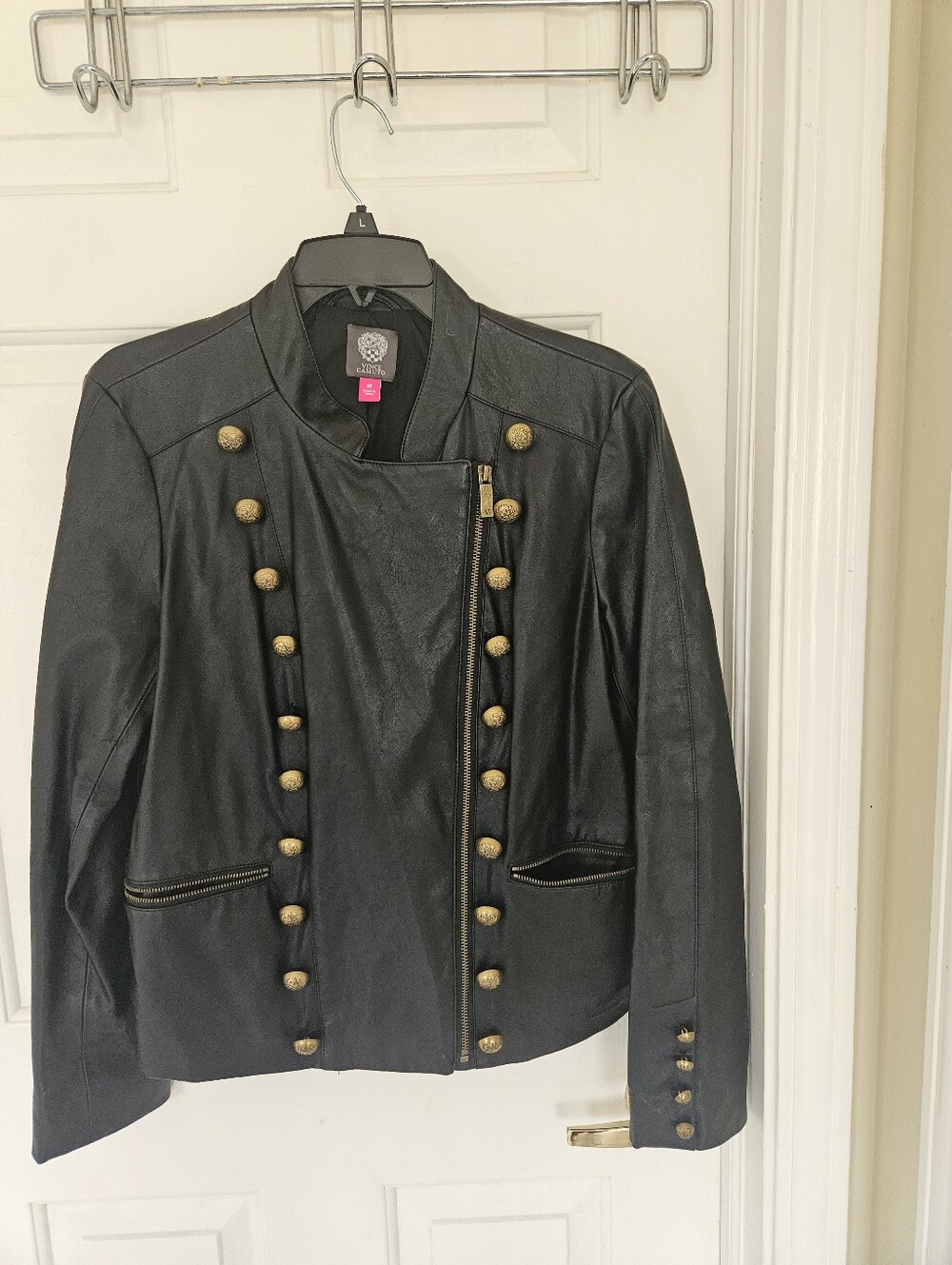 Black Military-Style Women's Leather Like Jacket with Gold Buttons